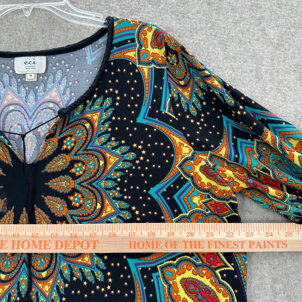 ECI Tunic Top 1X Stretchy Black Orange Paisley Medallion Tassel Boho - Picture 6 of 8